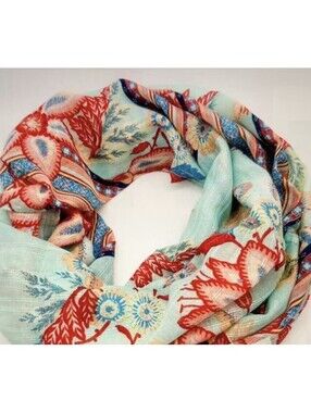 Womens J Jill Scarf Wrap Infinity Botanical Turquoise Floral Gauze